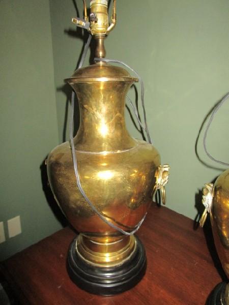 Pair - Brass Urn Design Lamps Wide Body Narrow Neck Foo Dog Head Handles