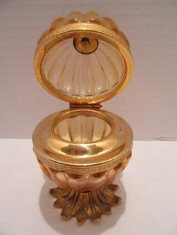 Amber Ribbed Design Hinged Trinket Egg on Brass Tone Foliate Base & Acorn Finial