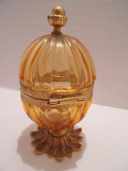 Amber Ribbed Design Hinged Trinket Egg on Brass Tone Foliate Base & Acorn Finial