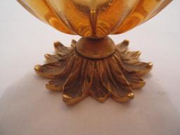 Amber Ribbed Design Hinged Trinket Egg on Brass Tone Foliate Base & Acorn Finial