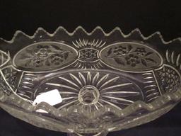 Crystal Footed Oval compote w/ Frosted Floral Spray Medallions Pattern
