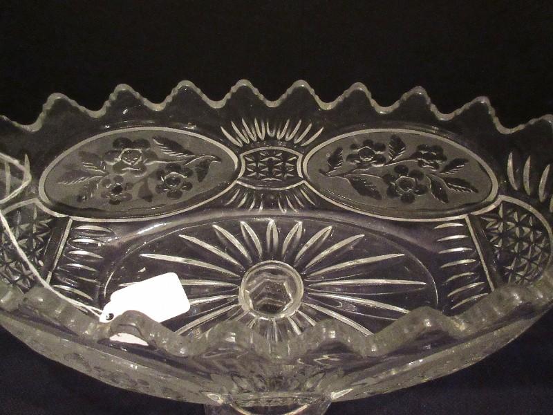 Crystal Footed Oval compote w/ Frosted Floral Spray Medallions Pattern