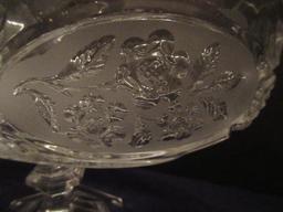 Crystal Footed Oval compote w/ Frosted Floral Spray Medallions Pattern