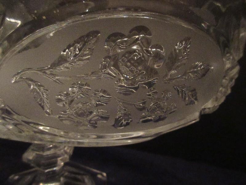 Crystal Footed Oval compote w/ Frosted Floral Spray Medallions Pattern