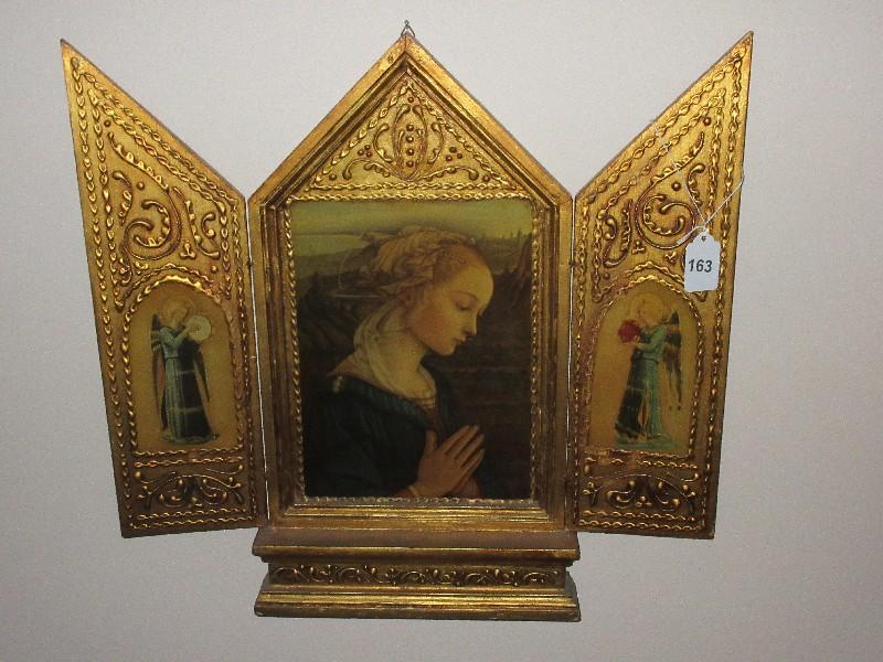 Florentine Religious Icon Triptych Madonna w/ Angels on Each Side Panel Intricate Design
