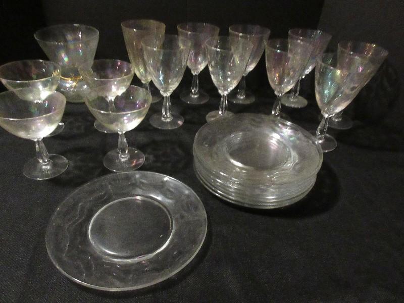 Lot - Crystal Iridescent Drapery Pattern Stemware, Vase & 7 5/8" Plates