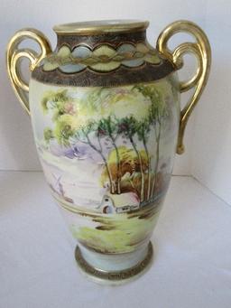 Exquisite Early Pair - Nippon Hand Painted Semi-Porcelain Double Concentric Gilded Handles
