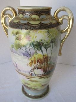 Exquisite Early Pair - Nippon Hand Painted Semi-Porcelain Double Concentric Gilded Handles