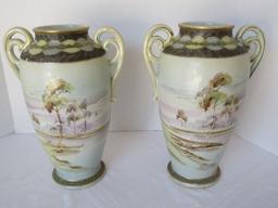 Exquisite Early Pair - Nippon Hand Painted Semi-Porcelain Double Concentric Gilded Handles
