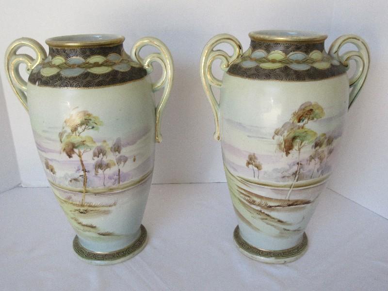 Exquisite Early Pair - Nippon Hand Painted Semi-Porcelain Double Concentric Gilded Handles