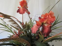 Molded Relief Panel Design Footed Planter w/ Silk Flowers & Greenery Accented w/ Feathers