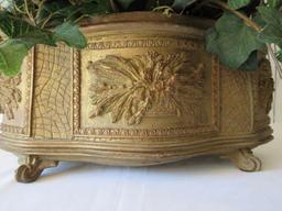 Molded Relief Panel Design Footed Planter w/ Silk Flowers & Greenery Accented w/ Feathers