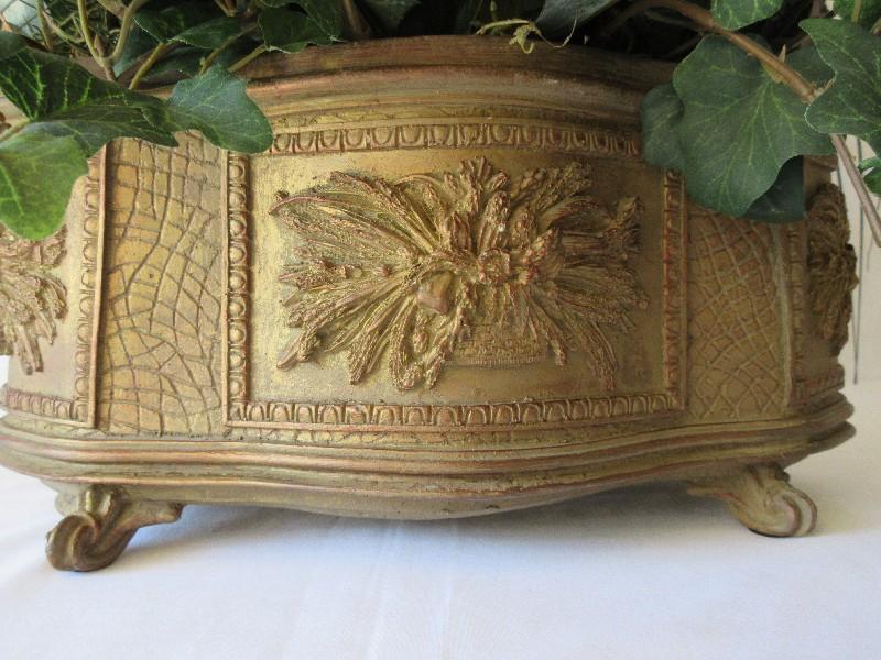 Molded Relief Panel Design Footed Planter w/ Silk Flowers & Greenery Accented w/ Feathers