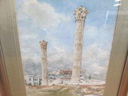 Hand Painted Watercolor Columns/Ruins in Gilted Wooden Frame/Matt