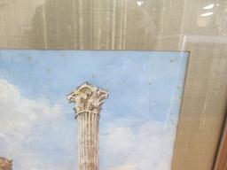 Hand Painted Watercolor Columns/Ruins in Gilted Wooden Frame/Matt