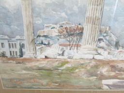 Hand Painted Watercolor Columns/Ruins in Gilted Wooden Frame/Matt