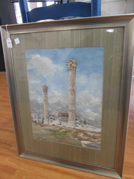 Hand Painted Watercolor Columns/Ruins in Gilted Wooden Frame/Matt