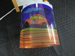 Childs Desk Lamp w/ Spinning Colorful Car Scene Inner Shade, Wood Stands