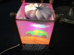 Childs Desk Lamp w/ Spinning Colorful Car Scene Inner Shade, Wood Stands