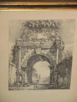 Pair - Engravings Roman Ruins Architectural Arched Gateway Entrance