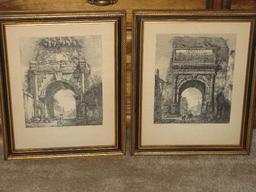 Pair - Engravings Roman Ruins Architectural Arched Gateway Entrance