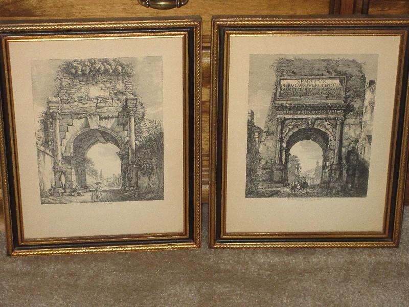 Pair - Engravings Roman Ruins Architectural Arched Gateway Entrance