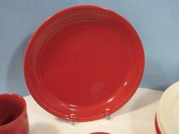 17 Pieces - Threshold Camden Red/Cream Solid Stoneware Embossed Block Band Design Dishes