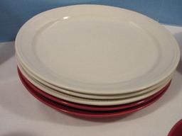 17 Pieces - Threshold Camden Red/Cream Solid Stoneware Embossed Block Band Design Dishes