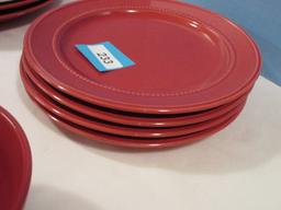 17 Pieces - Threshold Camden Red/Cream Solid Stoneware Embossed Block Band Design Dishes