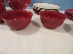 17 Pieces - Threshold Camden Red/Cream Solid Stoneware Embossed Block Band Design Dishes