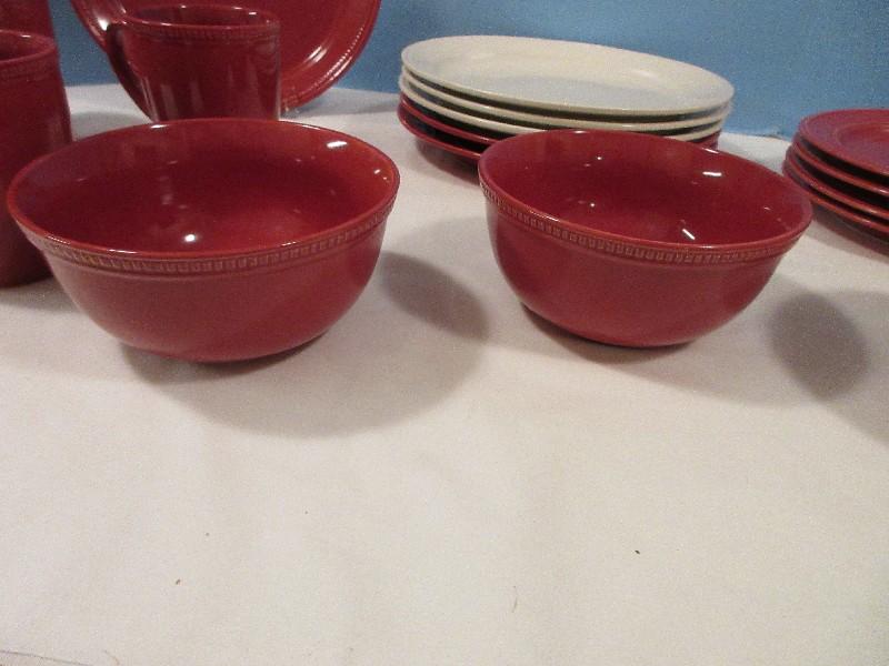 17 Pieces - Threshold Camden Red/Cream Solid Stoneware Embossed Block Band Design Dishes