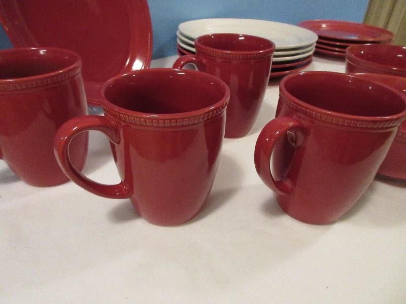 17 Pieces - Threshold Camden Red/Cream Solid Stoneware Embossed Block Band Design Dishes