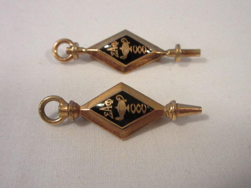 2 Fraternity Pins 1 Stamped 10k Engraved F.H.B. 1949 1 3/8" 1 Engraved M.H.E. 1952 1 3/8"