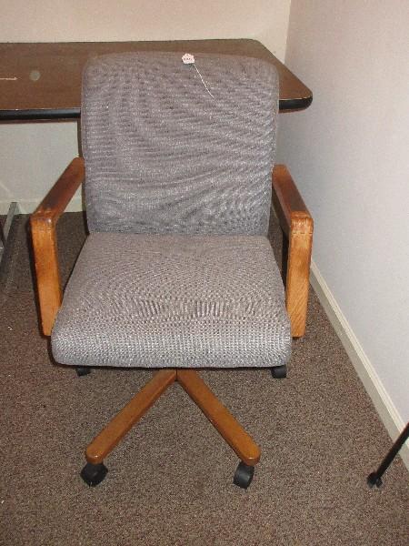 Mid-Century Style Desk Chair Upholstered Back/Seat on Casters Wood Trim