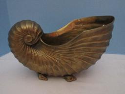 Solid Brass Nautilus Shell Planter on Conch Spiral Shell Feet