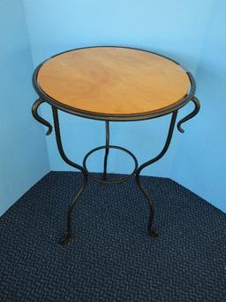 Black Wrought Iron Scroll Design Side Table w/ Natural Wooden Disc Top