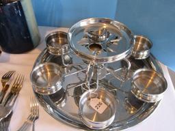 Lot - Misc. Flatware Scroll Foliage/Flower Pattern, OGGI Red/Stainless Base Utensil Crock