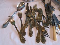 Lot - Misc. Flatware Scroll Foliage/Flower Pattern, OGGI Red/Stainless Base Utensil Crock