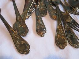 Lot - Misc. Flatware Scroll Foliage/Flower Pattern, OGGI Red/Stainless Base Utensil Crock