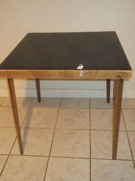 Vintage Wooden Frame Folding Card Game Table w/ Black Vinyl Top