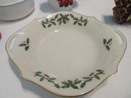Group - Lenox Fine China Holiday Holly Berry Pattern 8 1/4" Open Candy Dish w/ Handles
