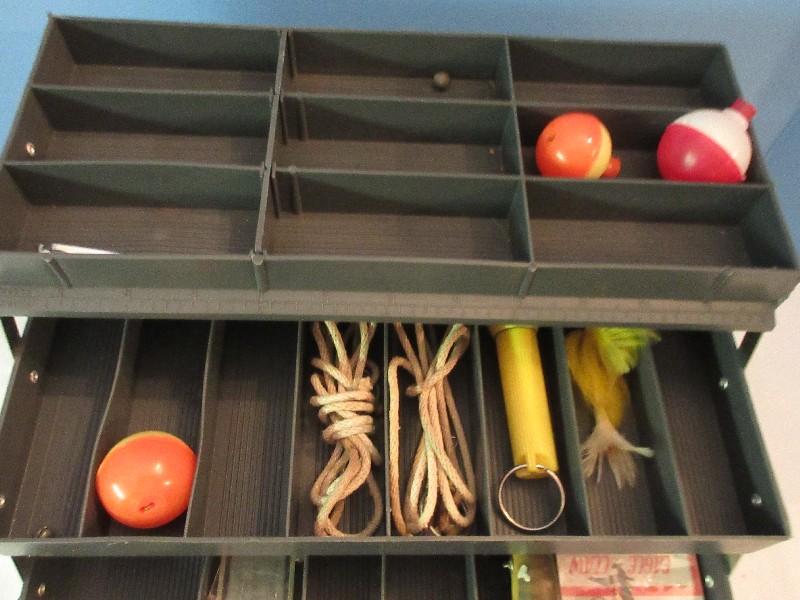 Fenwick Black Hawk 1063 Fishing Tackle Box w/ Floats, Hooks, Piers, Etc.