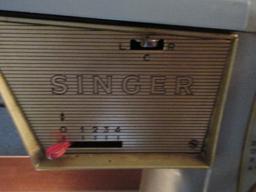 Vintage Green Singer Sewing Machine in Cabinet, Powers on Needle/Feed Move Cabinet