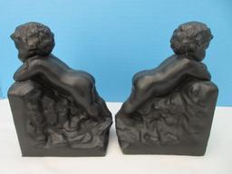 Pair - Renaissance Style Putto Day Dreaming Statuette 6 3/4" Cast Metal Bookends