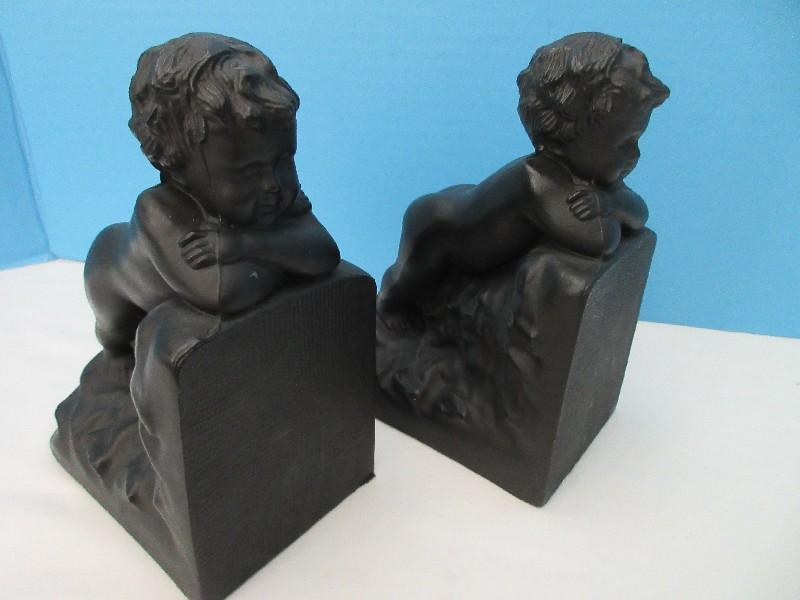 Pair - Renaissance Style Putto Day Dreaming Statuette 6 3/4" Cast Metal Bookends
