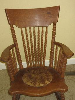 Scarce Find Remarkable Early Ball Design Curved High back Oak Rocker Rocking w/ Cushion