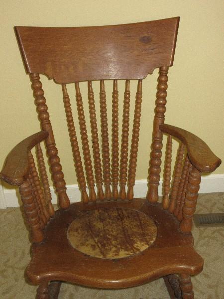 Scarce Find Remarkable Early Ball Design Curved High back Oak Rocker Rocking w/ Cushion