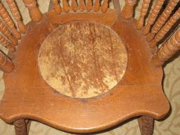 Scarce Find Remarkable Early Ball Design Curved High back Oak Rocker Rocking w/ Cushion