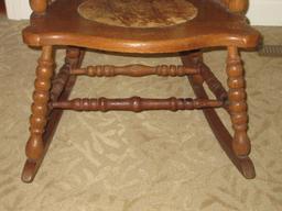 Scarce Find Remarkable Early Ball Design Curved High back Oak Rocker Rocking w/ Cushion
