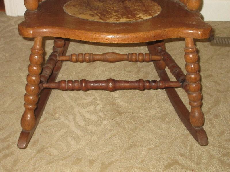 Scarce Find Remarkable Early Ball Design Curved High back Oak Rocker Rocking w/ Cushion